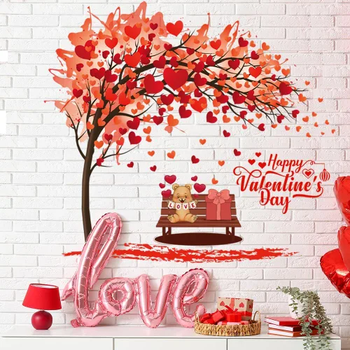 Vista 4 de Adhesivo de pared para el día de San Valentín, diseño de árbol de corazón con corazones rojos en 3D, calcomanías de pared para despegar y pegar