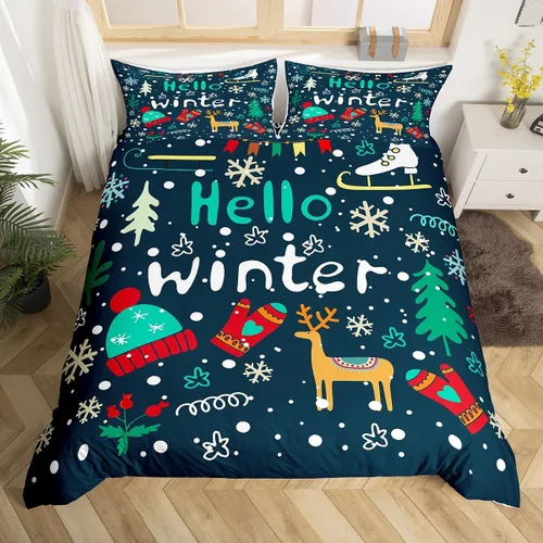 Vista 30 de Juego de ropa de cama de Feliz Navidad, funda de edredón azul con árbol de Navidad para niñas y niños, elegante funda de edredón de copo de nieve