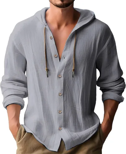 Vista 16 de Camisas de lino para hombre, casual, con botones, de verano, algodón, lino, con capucha, para playa, manga larga, con capucha