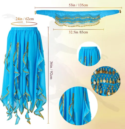 Vista 37 de Haysandy Conjunto de 8 piezas de danza del vientre para mujer, falda de danza del vientre, bufanda de cadera, 2 pulseras, aretes, pulsera de tobillo