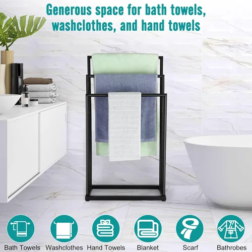 Vista 3 de Toallero de pie independiente, toallero de acero inoxidable de 3 niveles para baño, toallero independiente para toallas de baño, toallas de baño