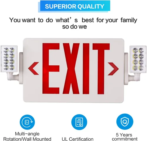 Vista 6 de Paquete de 1 letrero de salida con certificación UL con luces de emergencia, dos luces LED de salida de emergencia de cabeza ajustable con batería