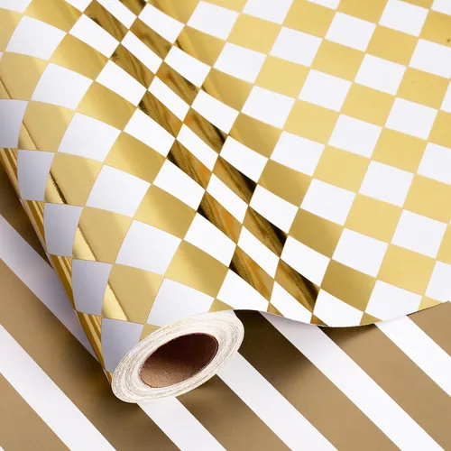 Vista 10 de Homeral Rollo de Papel de Regalo con Bandera a Cuadros - Diamante y Rayas en Blanco y Negro, Papel de Regalo Reversible de Carro de Carreras