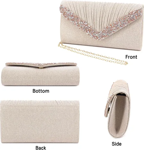 Vista 8 de Naimo Aleta deslumbrante bolso de embrague bolso de noche con cadena desmontable Champagne01 Plisado