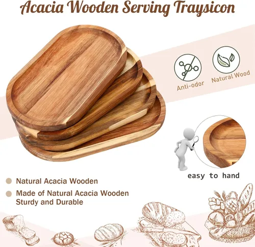 Vista 3 de Yaomiao 4 bandejas de madera de acacia ovaladas de madera rústica, bandeja decorativa grande natural para comida, charcutería, queso, pan, fruta