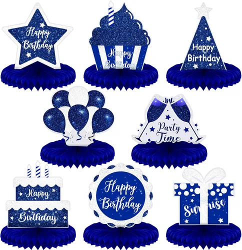 Vista 13 de Yexiya 8 piezas de centro de mesa de cumpleaños azul y negro, centros de mesa de panal de abeja de feliz cumpleaños, centros de mesa de panal