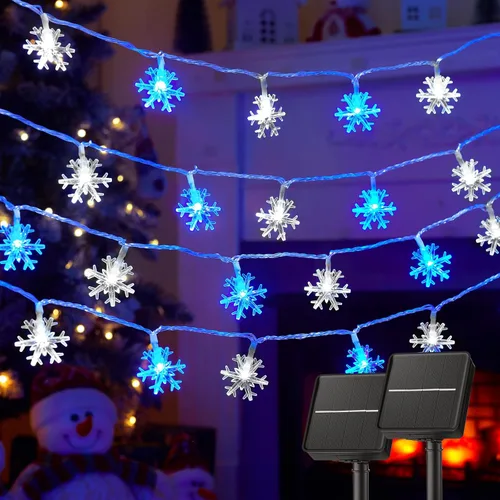 Vista 9 de Brightown Guirnalda de luces solares de copo de nieve de Navidad, 100 LED, 39 pies, impermeable, para exteriores, luces de hadas con 8 modos