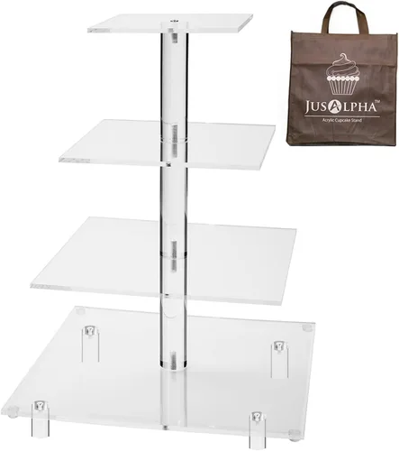 Vista 11 de Jusalpha, soporte de acrílico para pastel, cuadrado y resistente, con 4 niveles, torre para exhibir postres, Transparente