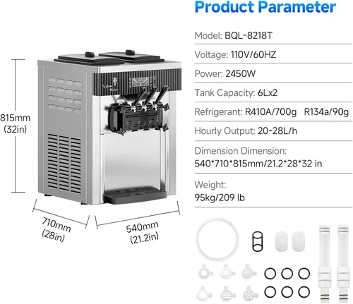Vista 6 de Máquina de Helado de Servicio Suave, Rendimiento de 28 QT/H, 2450W, Máquina de Helado Comercial de Encimera con Tolva de 2x6L, 3 Dispensadores