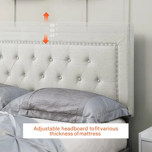 Vista 3 de Base de cama de plataforma tapizada tamaño matrimonial con cabecero ajustable de 48 pulgadas de alto, cama de terciopelo de lino con botones