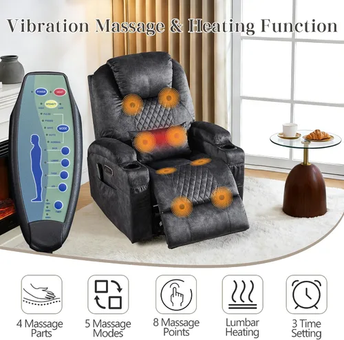 Vista 5 de AHMED Silla reclinable giratoria de doble motor con masaje y calor, mecedoras eléctricas con portavasos, luces LED, puertos USB A/USB C para sala