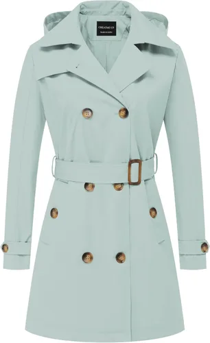Vista 25 de CREATMO US Gabardina para mujer con doble botonadura clásica con solapa, con cinturón y capucha desmontable Albaricoque