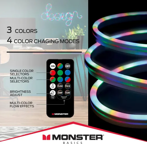 Vista 3 de XTREME Paquete de 2 tiras LED de neón con tecnología de flujo de color RGB Monster de 6.5 pies, fácil instalación de bricolaje