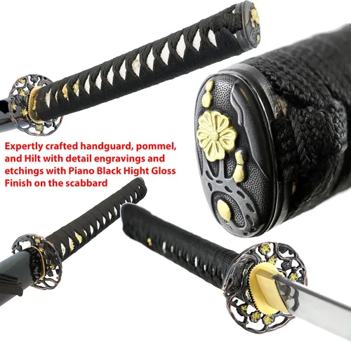 Vista 2 de Vulcan Gear Espada Katana Samurai japonesa clásica hecha a mano con vaina y soporte de madera de una sola espada, estilo elige tu mango (Tsuba)