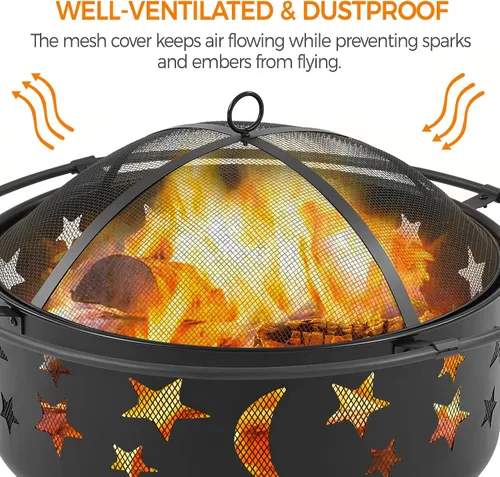 Vista 7 de Yaheetech Hoguera de 30 pulgadas para chimenea exterior de leña al aire libre con pantalla de chispas, póquer para hoguera, patio, jardín, picnic