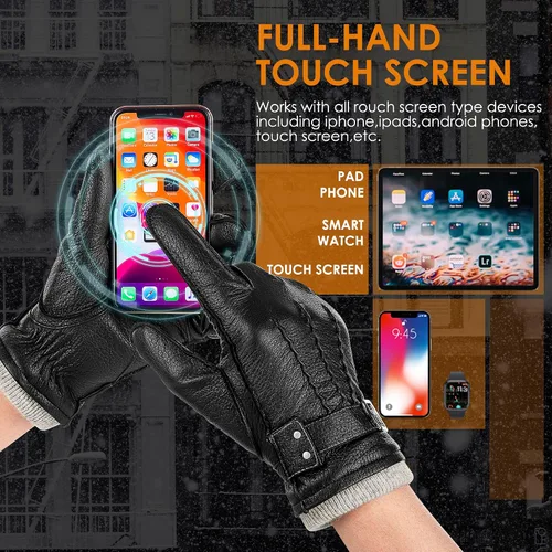 Vista 4 de Guantes de piel de oveja genuina para hombres, guantes de invierno cálidos para pantalla táctil, para conducir, motocicleta, guantes forrados
