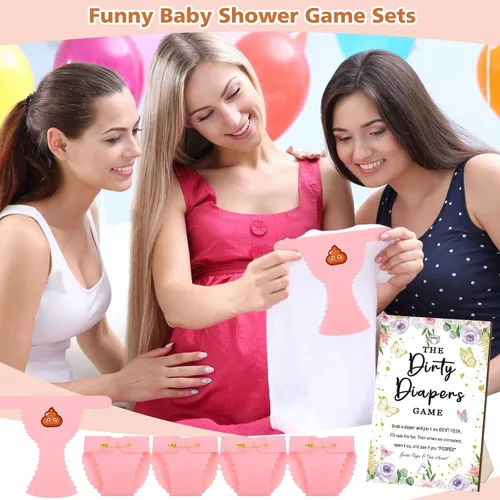 Vista 5 de BBTO 51 piezas de pañales sucios para baby shower, juego de mariposa para baby shower, divertido letrero de madera, 50 piezas, mini pañal de fieltro
