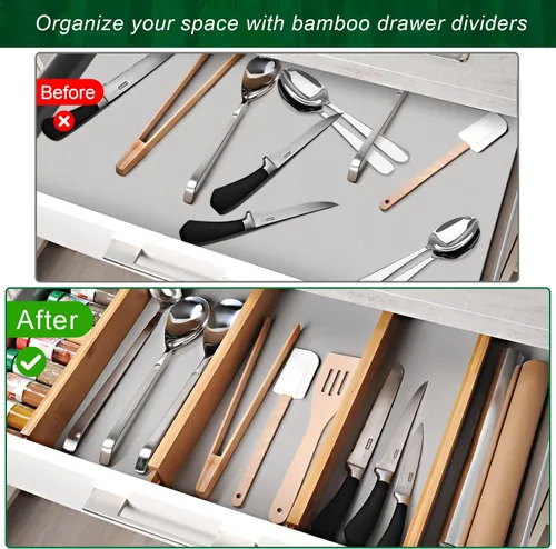 Vista 7 de Paquete de 4 separadores de cajones de cocina de bambú de 2.6 pulgadas de alto, ajustables de 12 a 17 pulgadas, separadores de cajones expandibles
