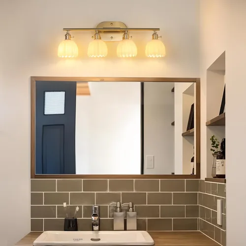 Vista 45 de Shenmoyl Lámparas de baño, lámpara de pared de 2 luces para tocador sobre espejo con pantalla de vidrio tulipán blanco para dormitorio, sala