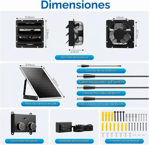 Vista 6 de Hon&Guan Ventilador de escape solar de 10 pulgadas con adaptador de CA, 647 CFM, panel de 30 W, termostato y control de 4 velocidades