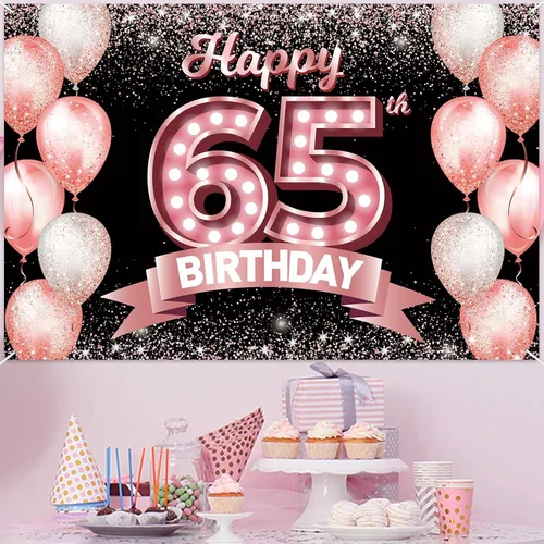 Vista 178 de Cartel de feliz cumpleaños décimo oro rosa, telón de fondo, saludos a 10 años, globos de confeti, decoración temática para niñas de 10 años