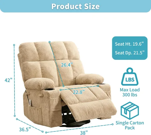 Vista 2 de IDEALHOUSE Silla reclinable mecedora de gran tamaño con calor y masaje Caqui