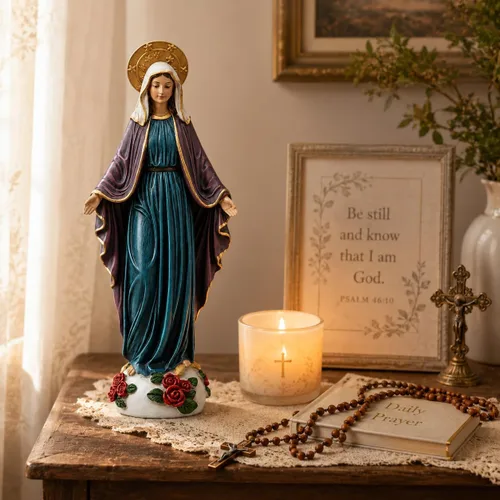 Vista 5 de Comfy Hour Mary - Estatua de Virgen María de 9 pulgadas, decoración católica de la Madre Bendita con rosas, escultura religiosa de poliresina