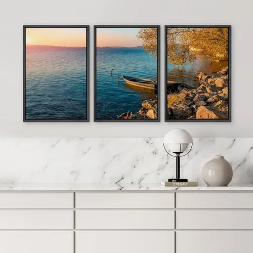 Vista 4 de wall26 Lienzo enmarcado para pared, juego de arte de puesta de sol junto al lago, escena tranquila junto al agua, fotografía, realismo, paisaje