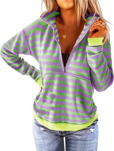 Vista 8 de Floral Find Women's Long Sleeve Lapel Half Zip Up Sweatshirt Solid Stylish Loose Fit Casual Pullover Tops B-Azul marino