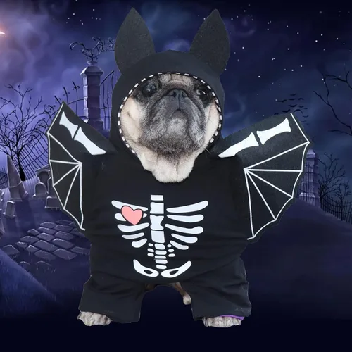 Vista 2 de SEIS Disfraz de murciélago para perro con alas, divertido disfraz de Halloween para mascotas, ropa de invierno para gatos, ropa de esqueleto