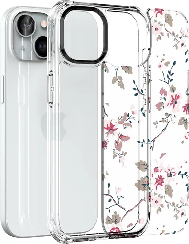 Vista 2 de Feitenn Funda para iPhone 15, policarbonato transparente + TPU suave a prueba de golpes, diseño de flores Beatuy con protector de pantalla de vidrio