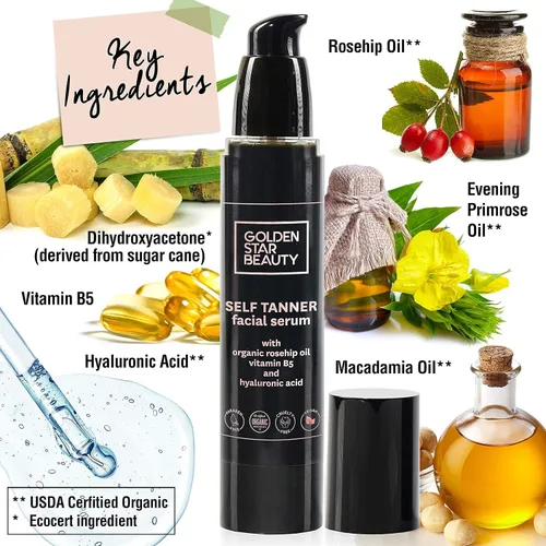 Vista 3 de Suero bronceador facial y aceite seco autobronceador con ácido hialurónico y aceites orgánicos, autobronceadores más vendidos para un brillo dorado