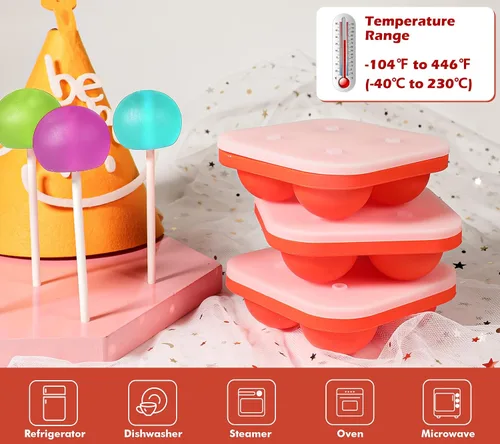 Vista 4 de Webake Juego de 3 moldes para piruletas, moldes de silicona para caramelos duros con 100 palitos de papel, moldes redondos 3D de caramelo con tapas