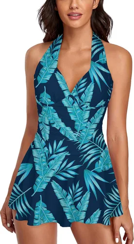 Vista 15 de Omichic Traje de baño tankini halter de dos piezas para mujer, con control de abdomen, cuello en V, con pantalones cortos Negro