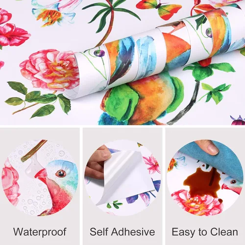 Vista 7 de Papel tapiz de 24 x 118 pulgadas de ancho, diseño floral de peonía y pájaro, papel tapiz de hojas de vinilo extraíble, autoadhesivo de mariposa
