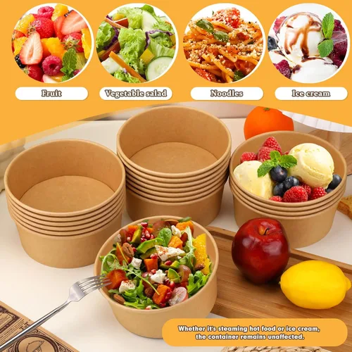 Vista 5 de Paquete de 50 cuencos de papel desechables de 37 onzas con tapas, recipientes de comida para llevar, cuencos de papel para ensaladas con tapas