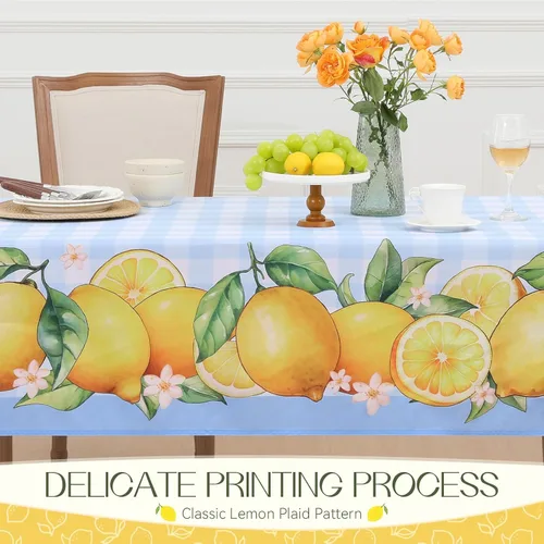 Vista 4 de Romanstile Mantel rectangular de verano, diseño de búfalo con flores de limón, a cuadros, resistente a las manchas, para cenas, fiestas, pícnics