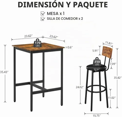 Vista 3 de Juego de 3 mesas de bar y sillas industriales para 2 mesas de comedor cuadradas rústicas marrones con sillas de asiento de poliuretano