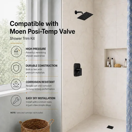 Vista 2 de Compatible con Moen Posi-Temp - Kit de moldura de ducha de válvula de repuesto para 2510, 2520, 2570, 2590 con cabezal de ducha de 8 pulgadas, negro