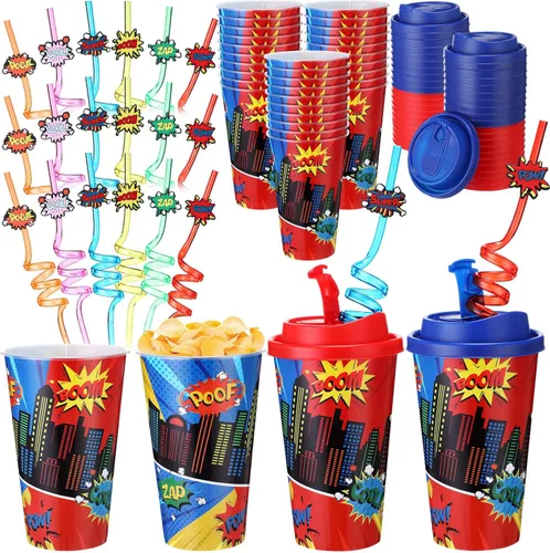 Vista 9 de Yungyan 16 juegos de tazas de golosinas con tapas y pajitas para decoraciones de cumpleaños, reutilizables, 16 onzas, vasos de plástico para dulces