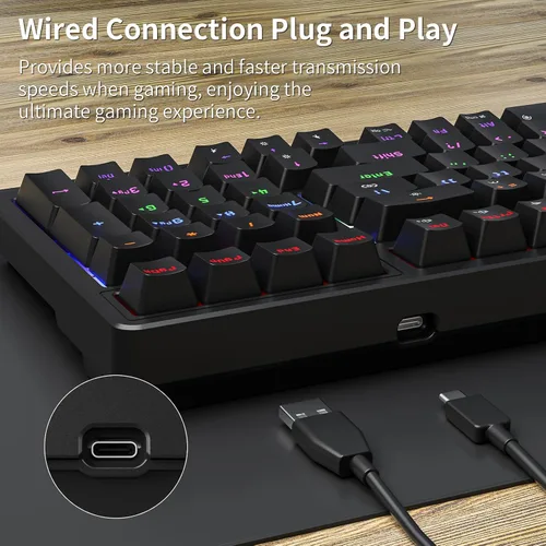 Vista 3 de Newmen GM328 - Teclado mecánico para juegos, 18 efectos retroiluminados LED, 100 teclas, teclado mecánico con cable con interruptor rojo lineal