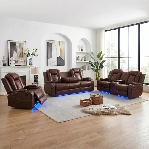 Vista 10 de Sofá Seccional Reclinable Eléctrico de Cuero Blanco Crema, Mueble Sala Cine en Casa con Iluminación LED, Consola Almacenamiento, Portavasos y Carga