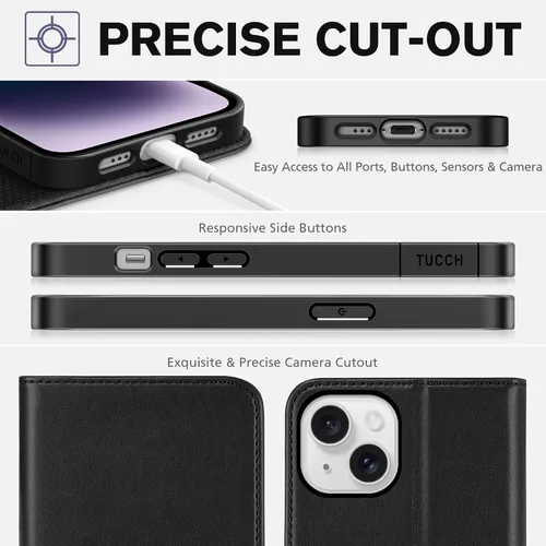 Vista 8 de TUCCH - Funda tipo cartera con 3 ranuras para tarjetas para iPhone 14 (6.1") 2022, color negro clásico