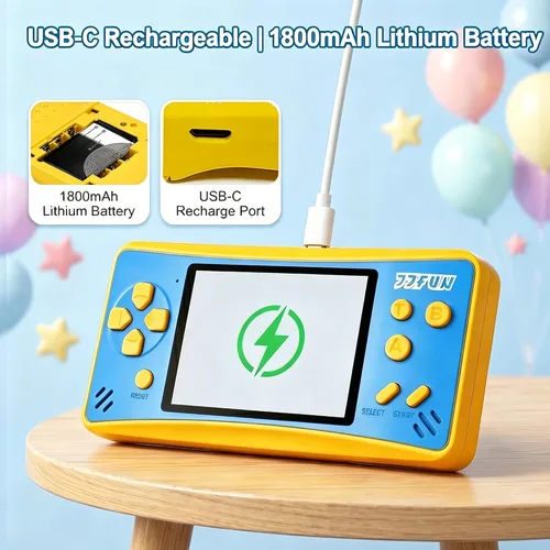 Vista 3 de JJFUN Consola de juegos portátil para niños: pantalla de 3.2 pulgadas, 168 juegos clásicos integrados, Plug & Play en la televisión, recargable,