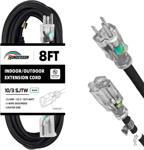 Vista 28 de Cable de Extensión HONDERSON con Extremo Iluminado, Certificado UL, Calibre 10, 1 Pie, Negro, 3 Puntas, Resistente, 10/3 SJTW, 15A, Cable de Energía