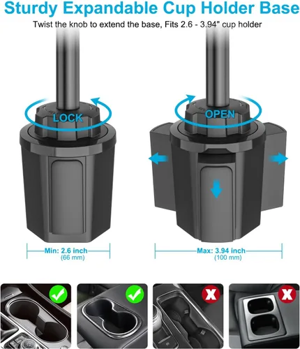 Vista 4 de Soporte para tablet para camión, soporte de aluminio resistente de 360° Fits Vehicle Cupholders 2.6"–3.94" in Diameter, Cup Holder Stand for iPad