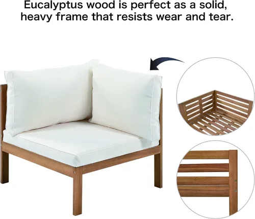 Vista 5 de Juego de 4 muebles de patio al aire libre, sofá seccional de madera de acacia con asiento cojines beige, asiento de conversación seccional