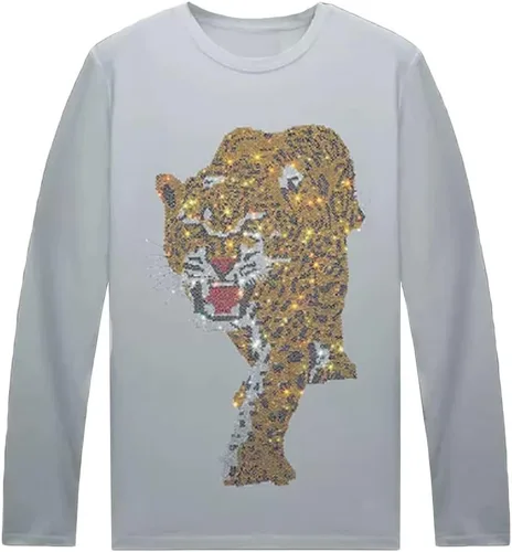 Vista 19 de HZCX FASHION Camisetas gráficas de manga larga para hombre y mujer, camisetas divertidas con diamantes de imitación
