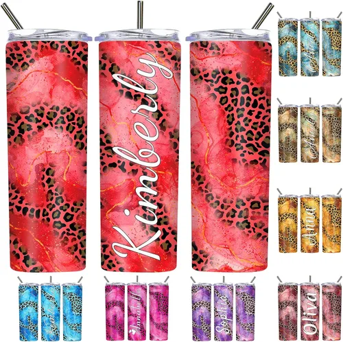 Vista 15 de Vasos personalizados con estampado de leopardo con tapas y pajitas, vasos delgados personalizados de 20 onzas con nombres para mujeres y hombres