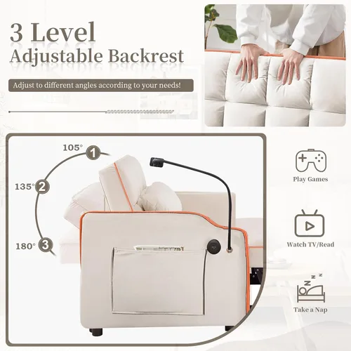 Vista 11 de JEEOEHY - Sofá cama convertible 3 en 1, sofá cama extraíble de terciopelo con puerto USB y tipo C, cómodo futón loveseat con respaldo ajustable